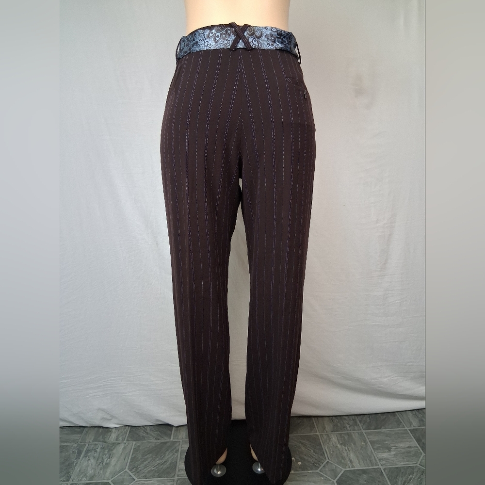 Larry Levine Brown Pinstripe Wide-Leg Pants with Blue Stitching Size 10 - Picture 11 of 16